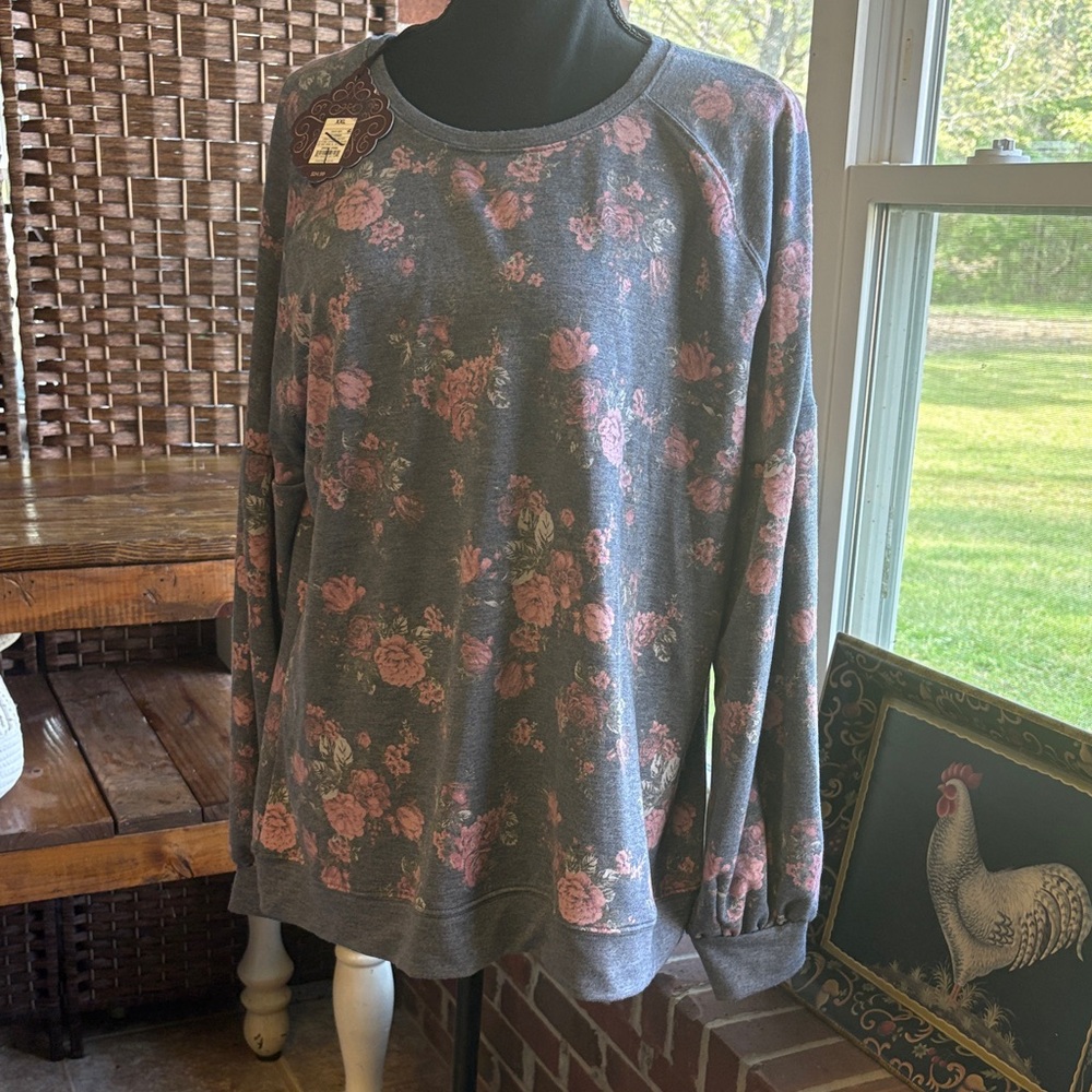 Floral Grey Sweatshirt with Pink Roses